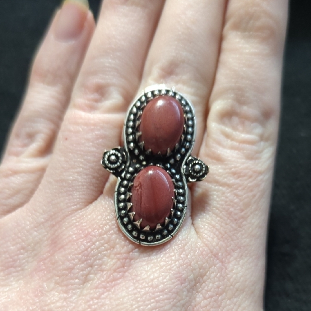 Silver Plated Red Mookaite Gemstone Two Stone Statement Ring - Size 6-9 Adjust
